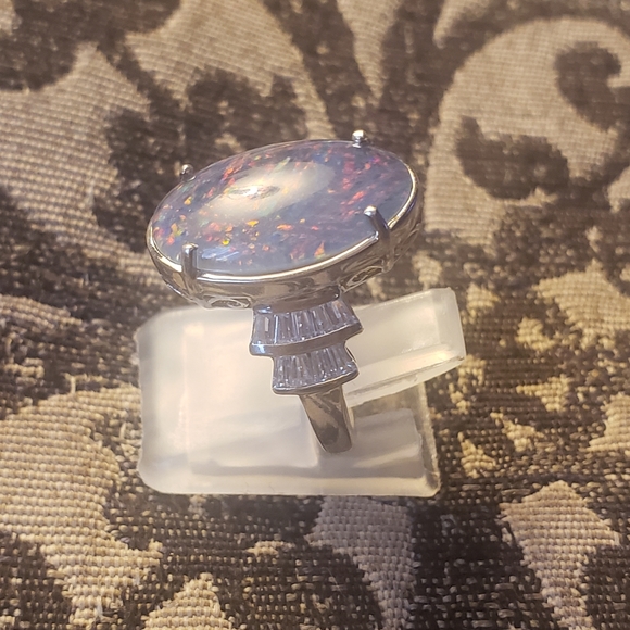 Rare Boulder Opal and Moissanite Ring in Platinum Over Sterling Silver - Picture 4 of 5